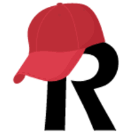 Logo mit einem roten Baseballcap auf einem schwarzen Buchstaben "R"