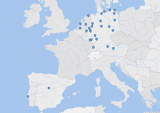 Map of Europe with markers indicating the participating centers of the TOFU registry.