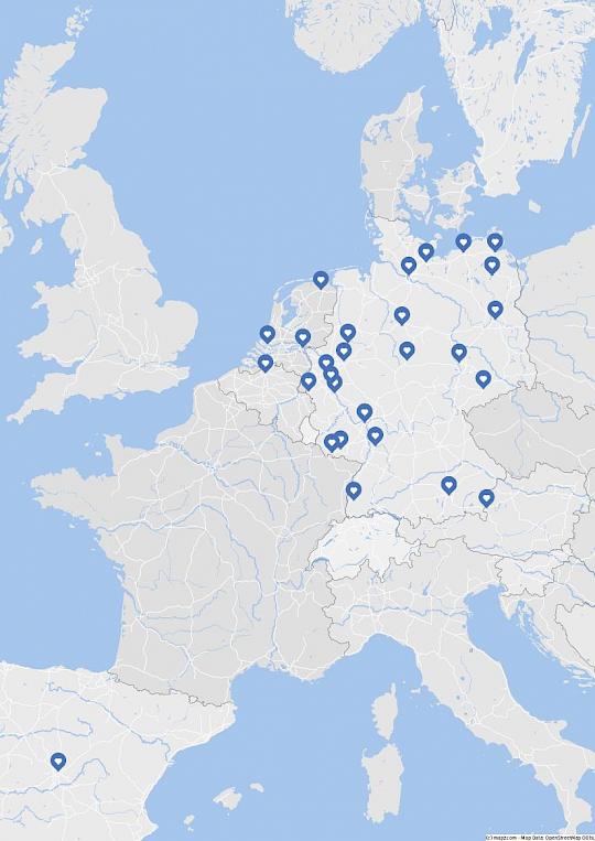 Map of Europe with markers indicating the participating centers of the TOFU registry.