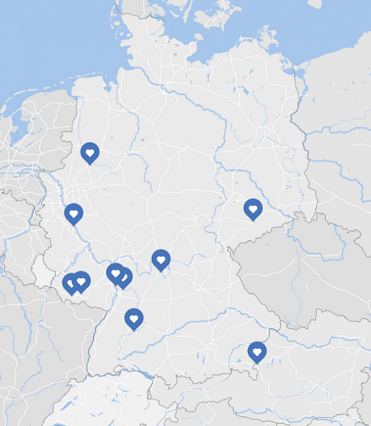 Europa Karte mit Zentren in Bonn Chemnitz Heidelberg Homburg Mannheim Münster Salzburg Sulzbach Tübingen Würzburg